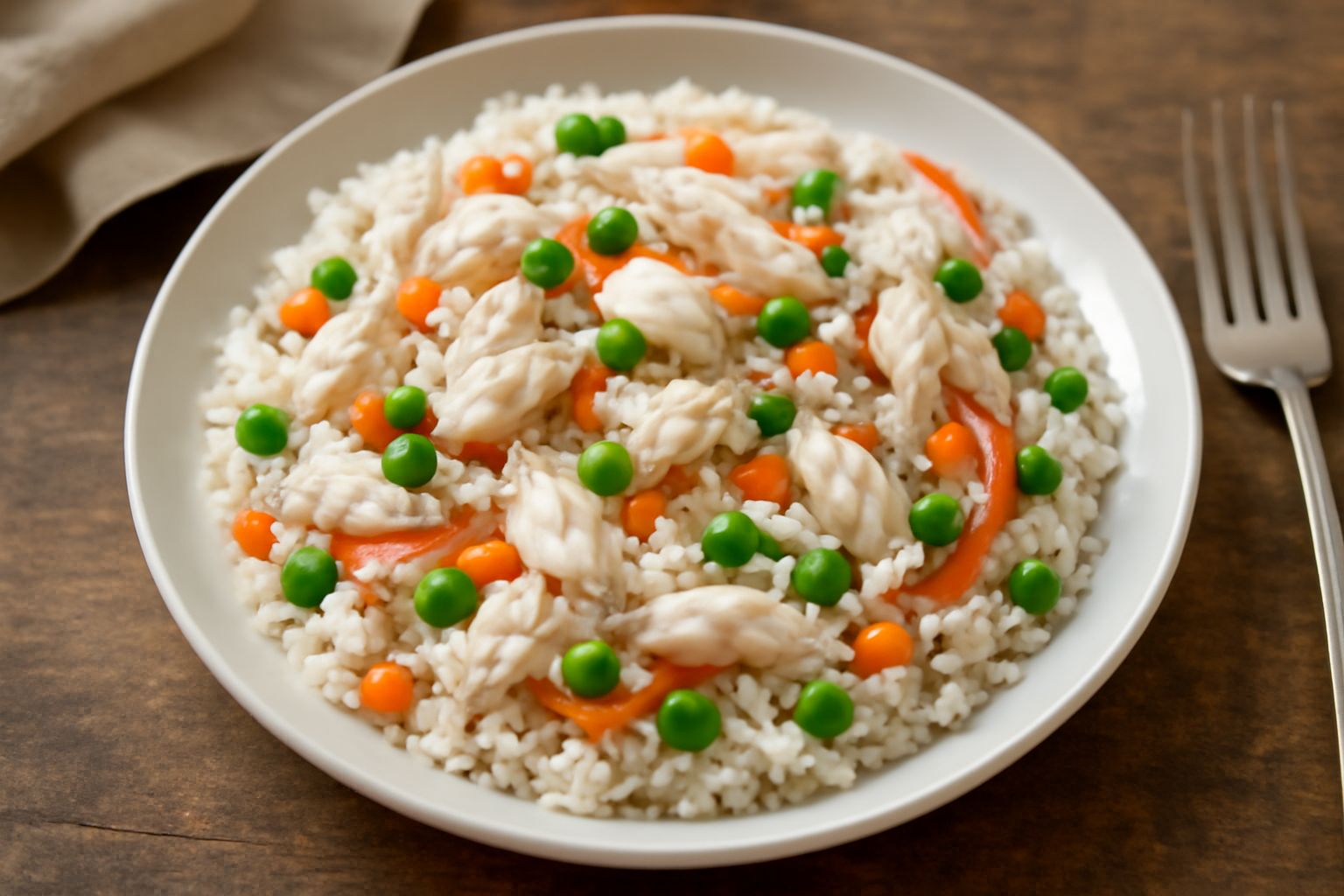 Piatto di riso e rane freddo: riso bianco al dente con pezzi teneri di rana, dadi di verdure colorate (carote arancioni, piselli verdi, peperoni rossi), prezzemolo fresco verde, olio lucido in superfi