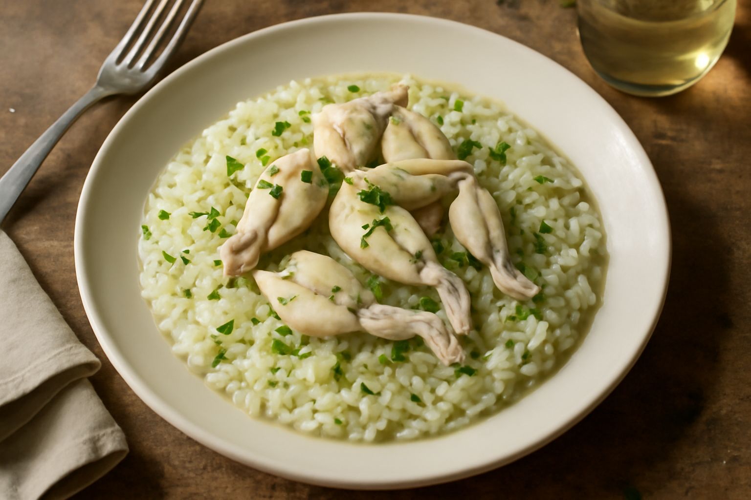 Piatto bianco con riso condito e ranocchi in salsa a base di vino bianco, prezzemolo fresco e limone, guarnito con foglie di prezzemolo verde