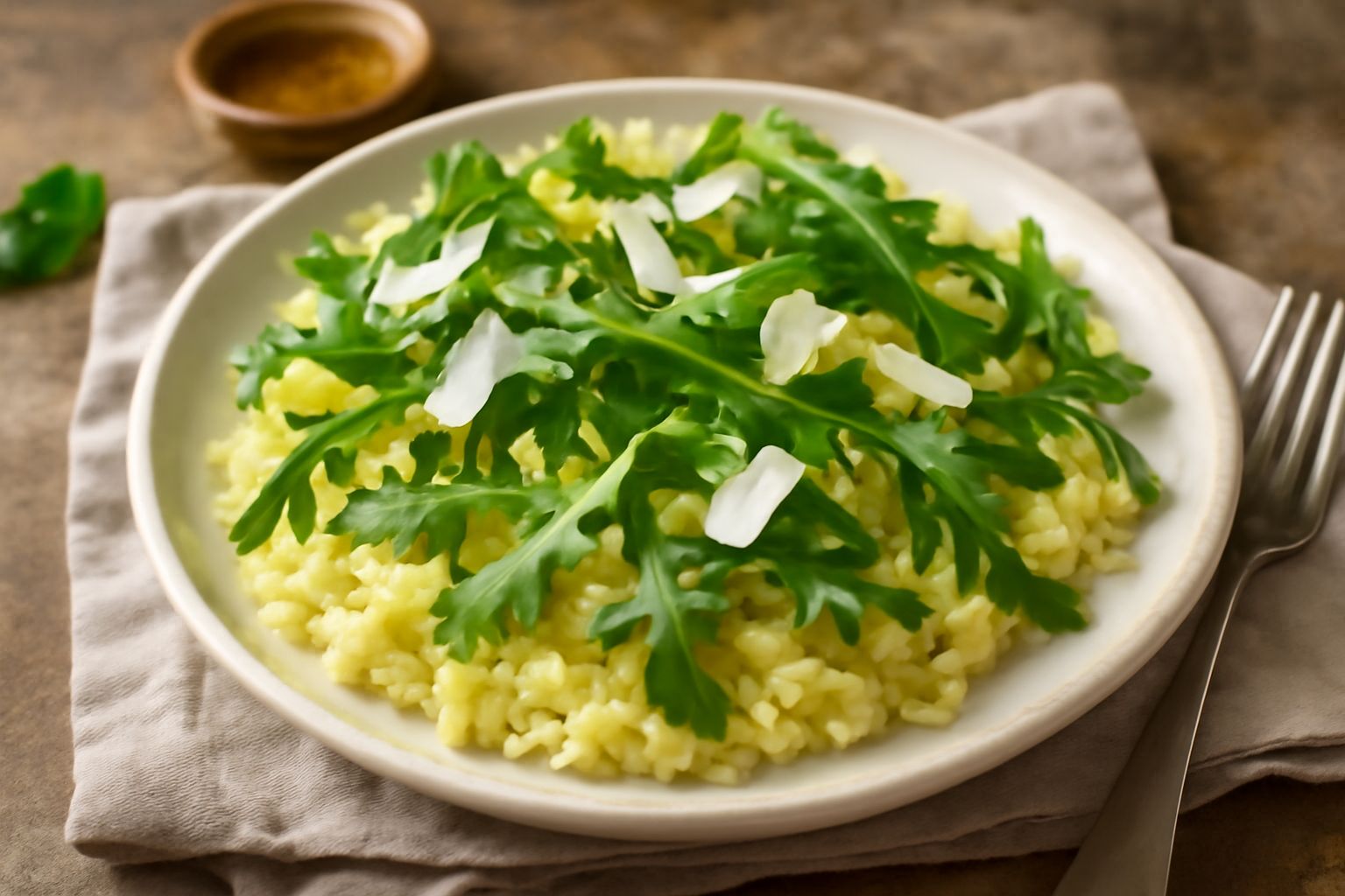 Piatto di risotto crema giallo-verdastro con rucola fresca verde disposta sopra e in mezzo, scaglie di parmigiano bianche, servito in ciotola bianca larga con cucchiaio di legno accanto