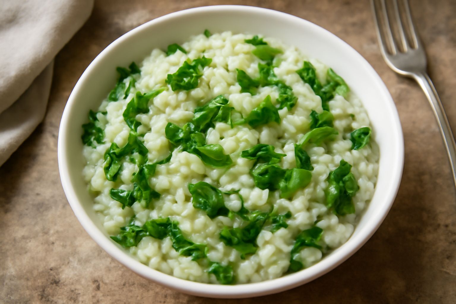 Piatto fondo di ceramica bianca con riso bianco cremoso e pezzi di scarola verde intenso mescolati, conditi con filo d'olio, tenue fumante