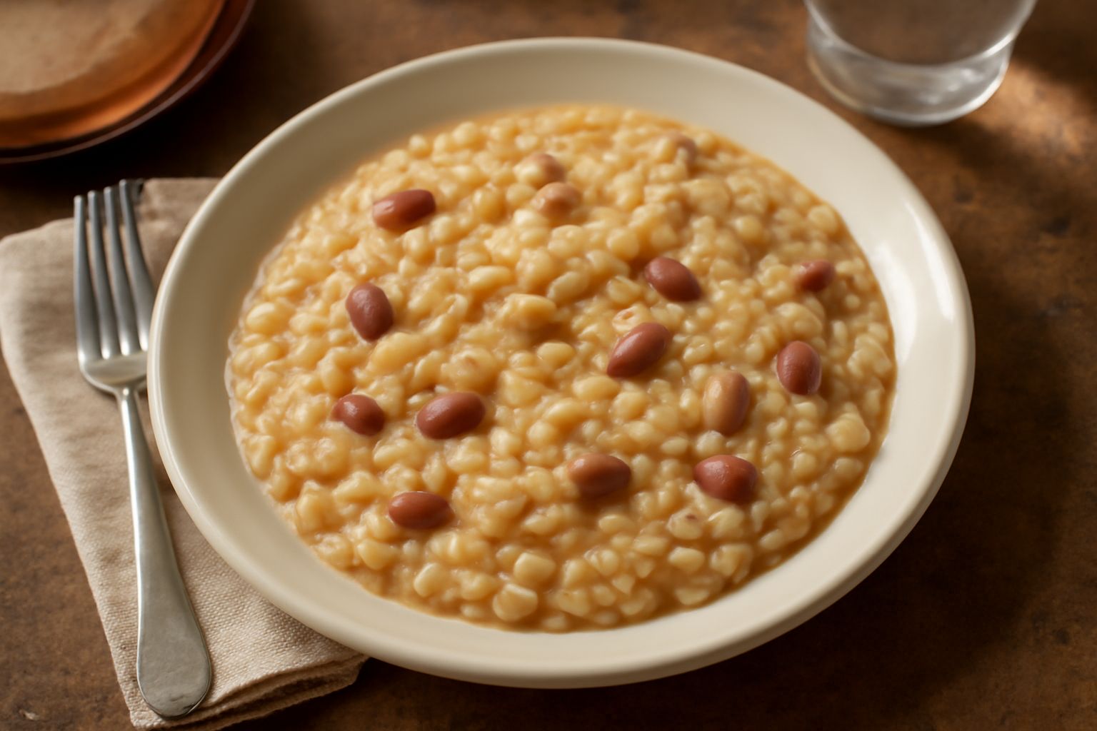 Piatto fondo di riso e tecia con fagioli rossi visibili, riso cremoso bianco e giallo, con sedano, carota e prezzemolo fresco sopra, servito in un piatto bianco fondo con cucchiaio in legno accanto
