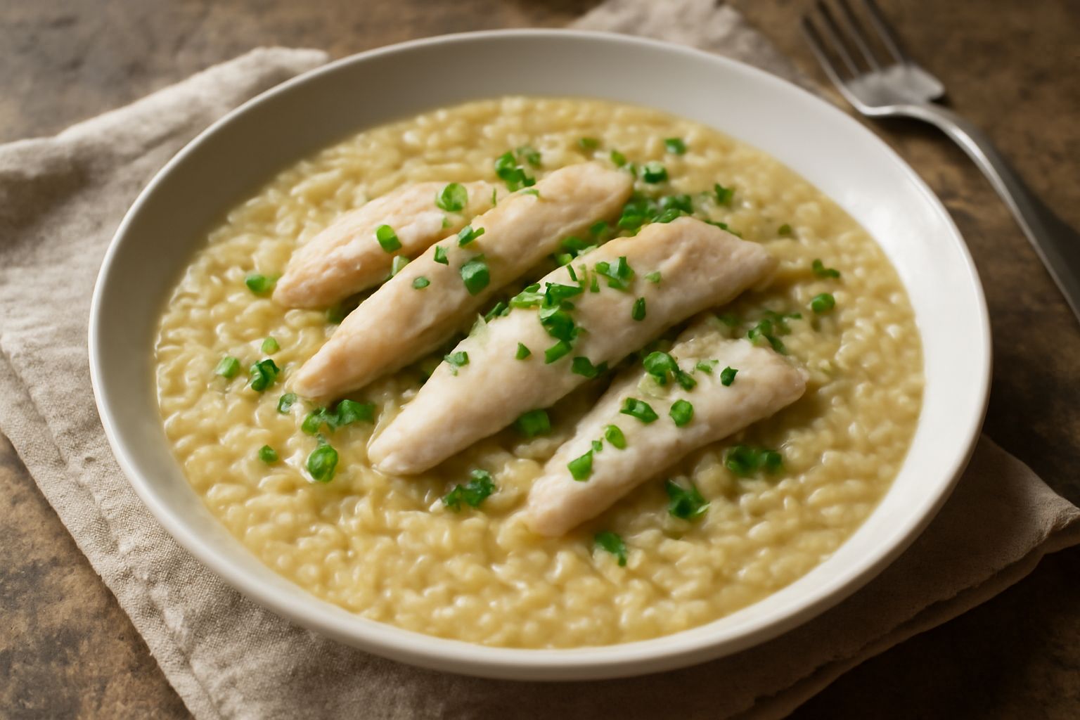 Piatto di risotto cremoso color avorio con filetti di tinca bianca cotta adagiati sulla superficie, cosparsi di prezzemolo verde fresco, visto da sopra in una ciotola bianca di porcellana