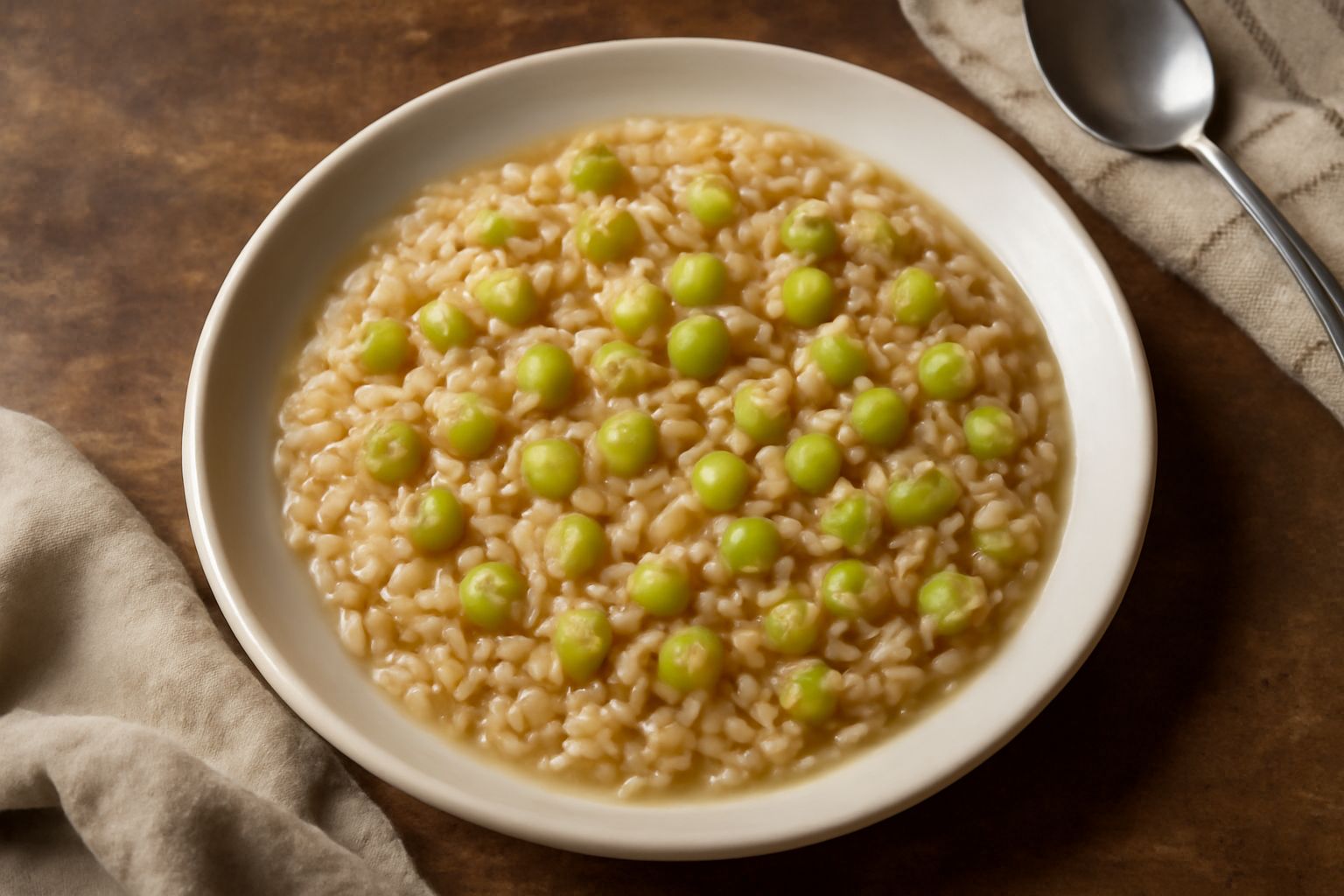 Piatto bianco con riso al dente beige e nocciola, torzelle tagliate a dadini trasparenti e leggermente caramellati, cosparso di prezzemolo verde fresco, in una ciotola di brodo caldo