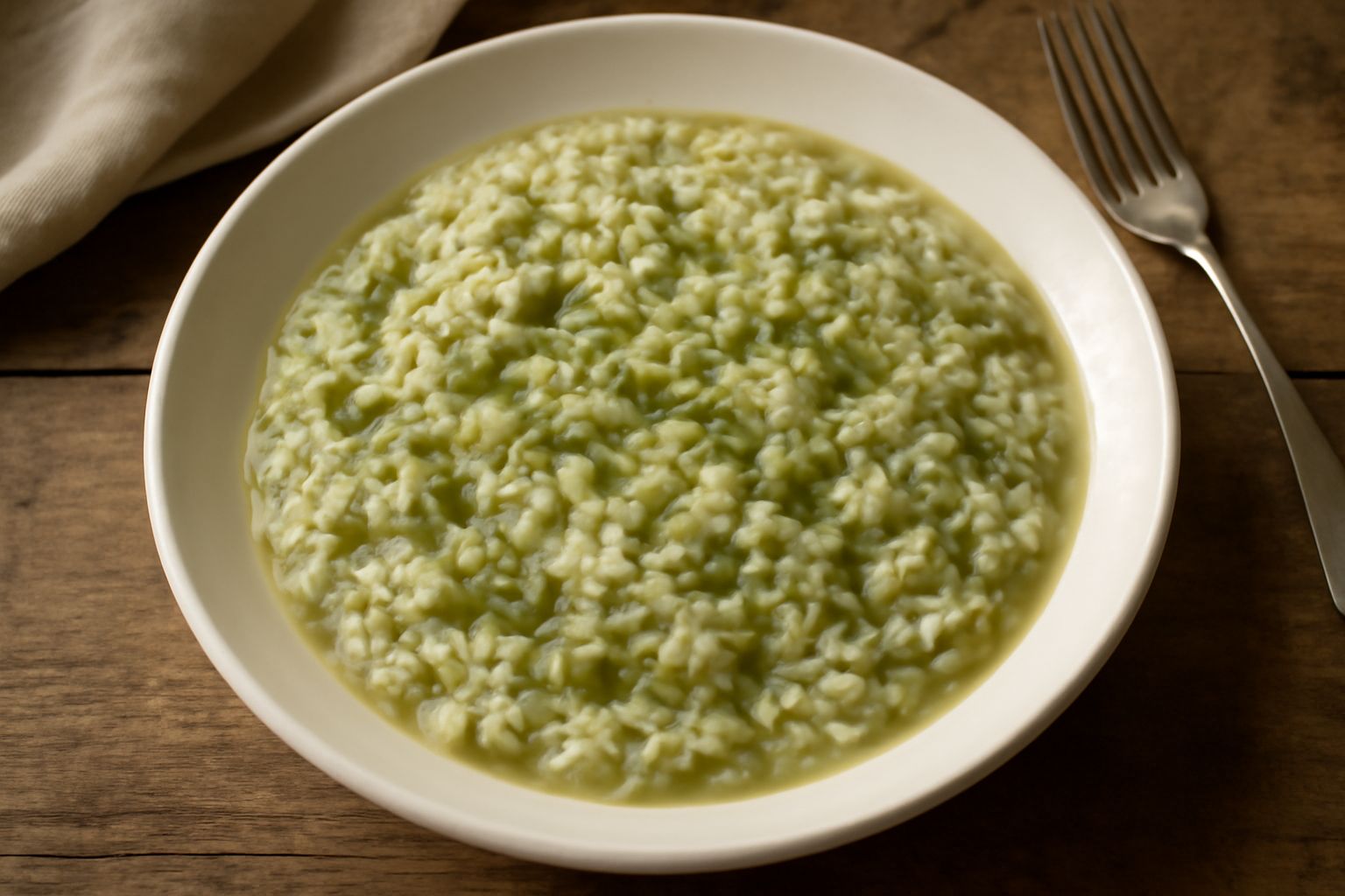 Piatto bianco con riso cremoso color avorio e pallido, striato di verza verde salvia sfatta, bordi bagnati di brodo, una grattugia di parmigiano nel centro, cucchiaio in legno appoggiato accanto
