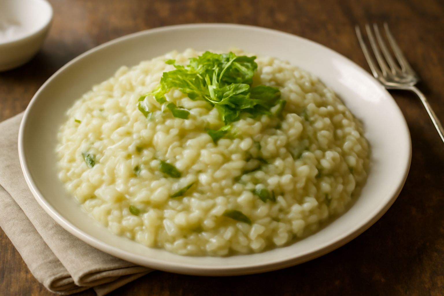 Piatto di ceramica bianca con riso cremoso di colore avorio, macchiato di verde dalle verze tagliate fine, guarnito con scaglie di parmigiano e un filo di olio in superficie