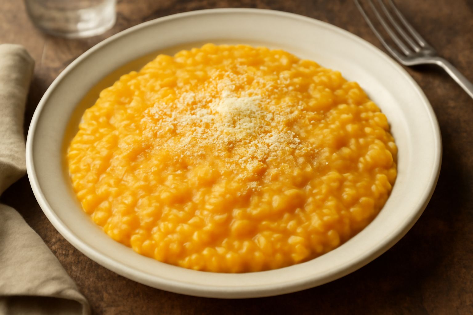 Risotto cremoso giallo-arancio servito in un piatto fondo bianco, con una nota di burro e parmigiano grattugiato in superficie, contornato da zucca cotta smembrata attorno al piatto