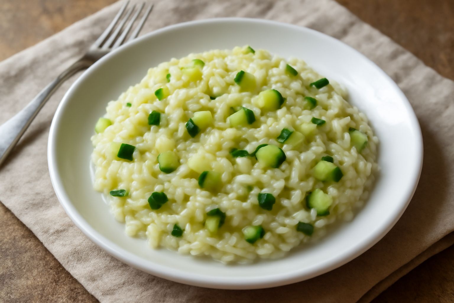 Piatto bianco di risotto cremoso con cubetti di zucchine verdi e gialle, mantecato con parmigiano, una cucchiaiata sollevata mostra la cremosità, decorato con una foglia di basilico fresco