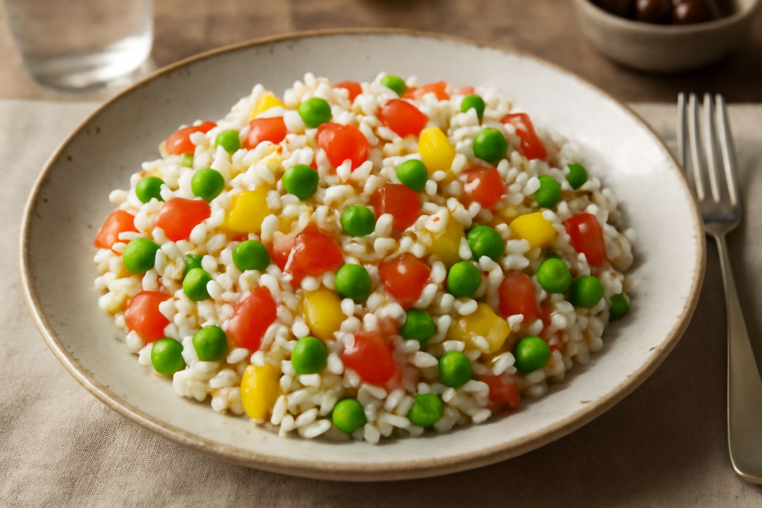 Insalata di riso freddo in piatto bianco: riso bianco, cubetti di pomodoro rosso, verdure miste verdi e gialle, condito con olio d'oliva, garnito con prezzemolo fresco.