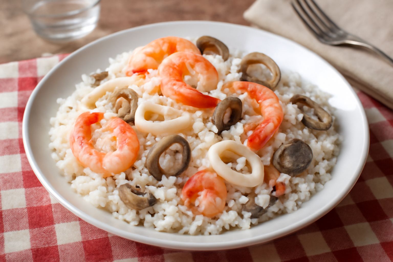 Piatto bianco ampio con riso freddo ai frutti di mare: chicchi bianchi sparsi, gamberetti rossi, strisce di calamari traslucidi, vongole aperte grigio-beige, fili di prezzemolo verde, due limoni tagli
