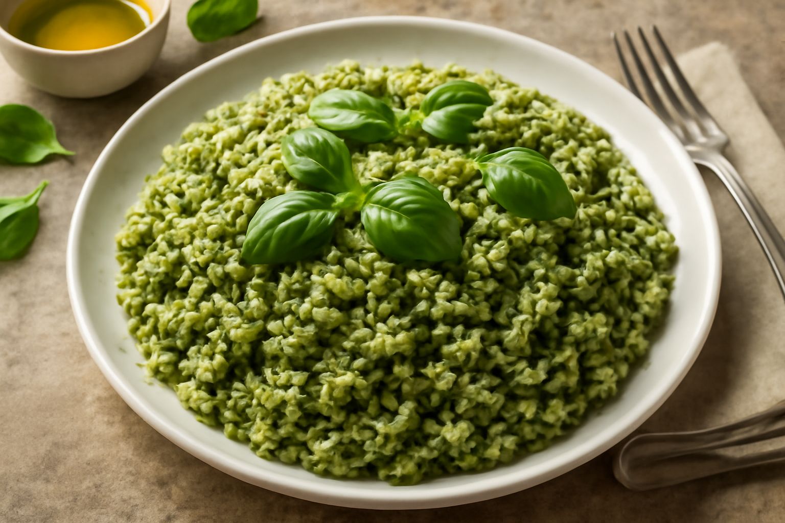 Piatto bianco con riso freddo al pesto, chicchi bianchi e cremosi ricoperti di pesto verde intenso, guarnito con foglie di basilico fresco e una spolverata di mandorle tostate