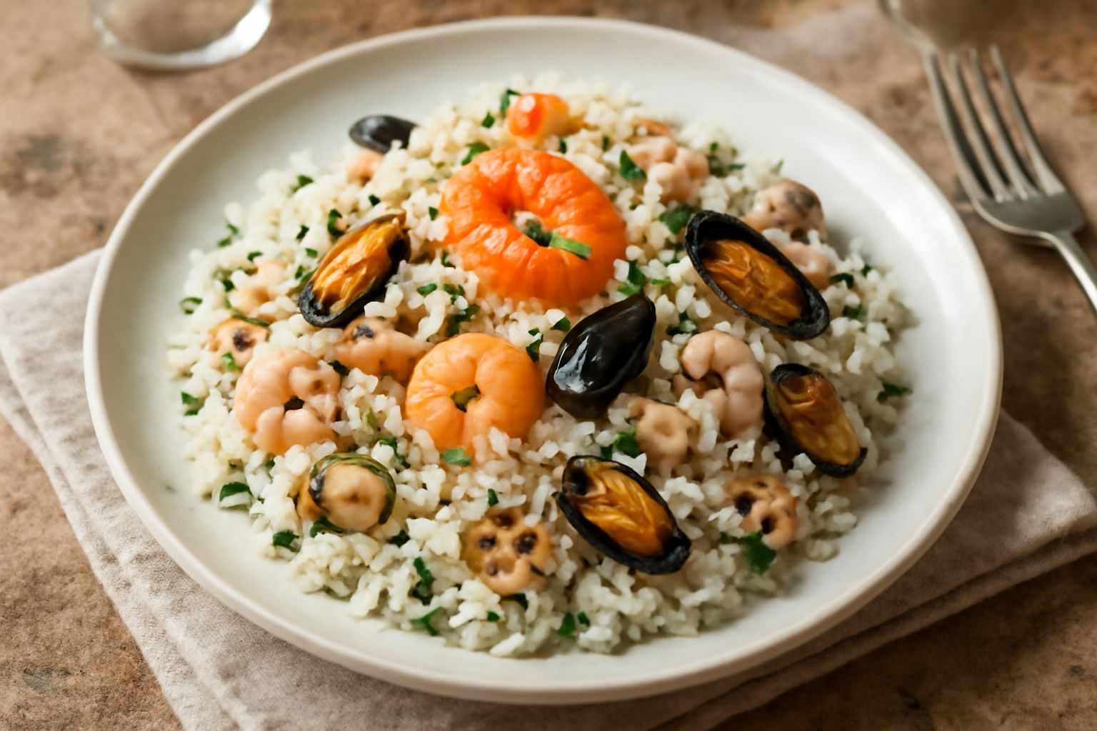 Piatto di riso freddo bianco con gamberetti rosa, cozze nere, vongole, cubetti di peperone rosso e giallo, prezzemolo verde fresco sparso in superficie, servito in un piatto bianco con contorno di lim