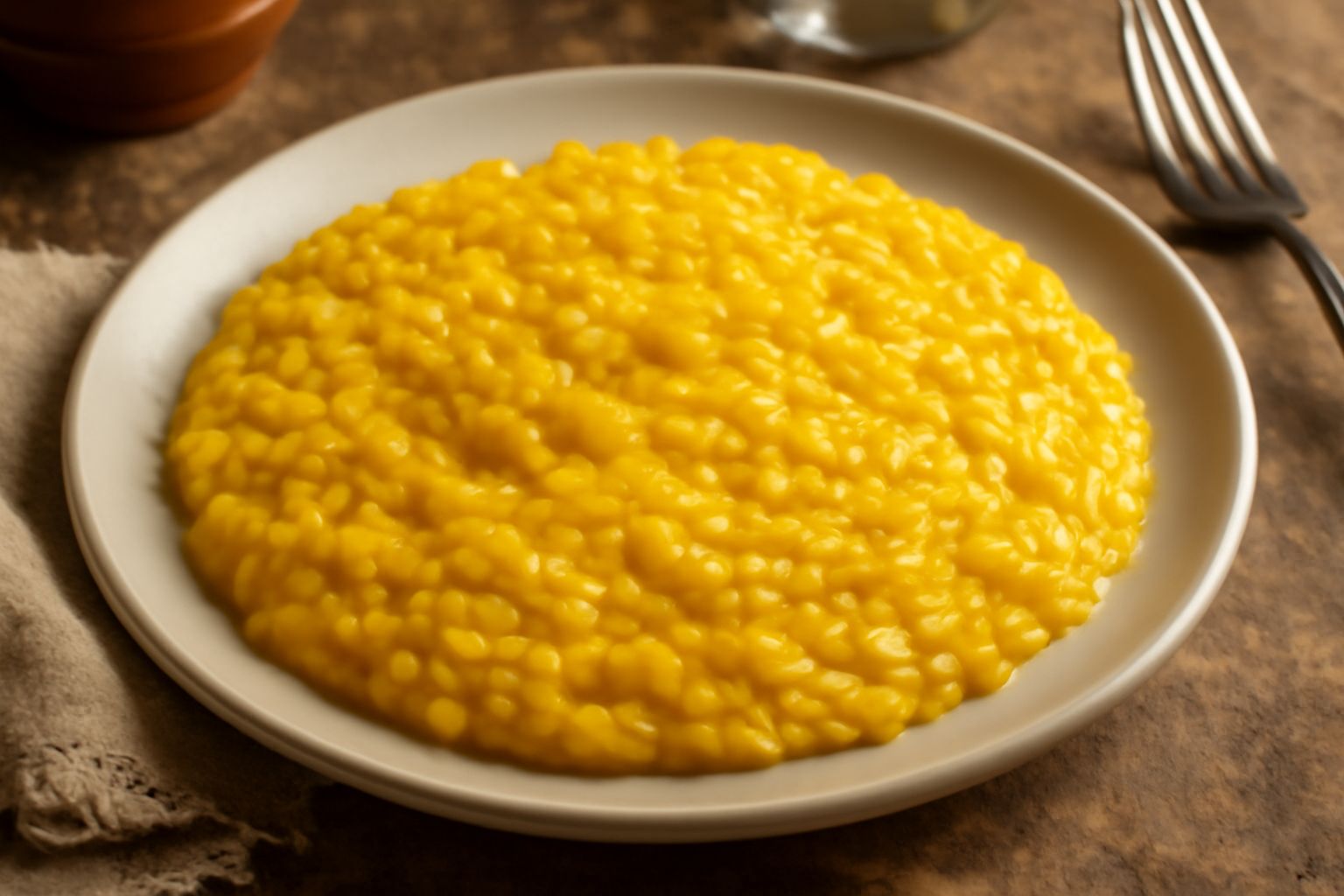 Piatto di riso giallo cremoso dal colore dorato, guarnito con prezzemolo fresco e fettine sottili di limone, servito in una ciotola bianca con un cucchiaio di legno accanto