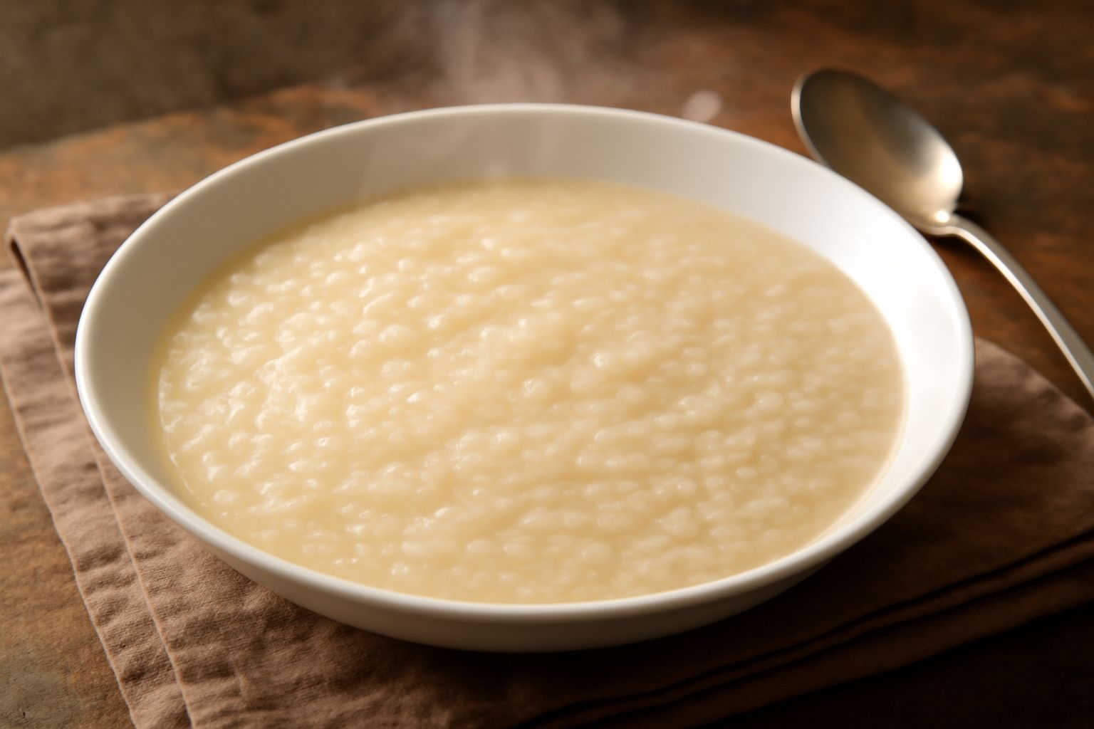 Ciotola di ceramica bianca con riso in brodo caldo, cremoso e omogeneo, con superfice liscia e vapore appena percettibile, accompagnato da un cucchiaio di legno