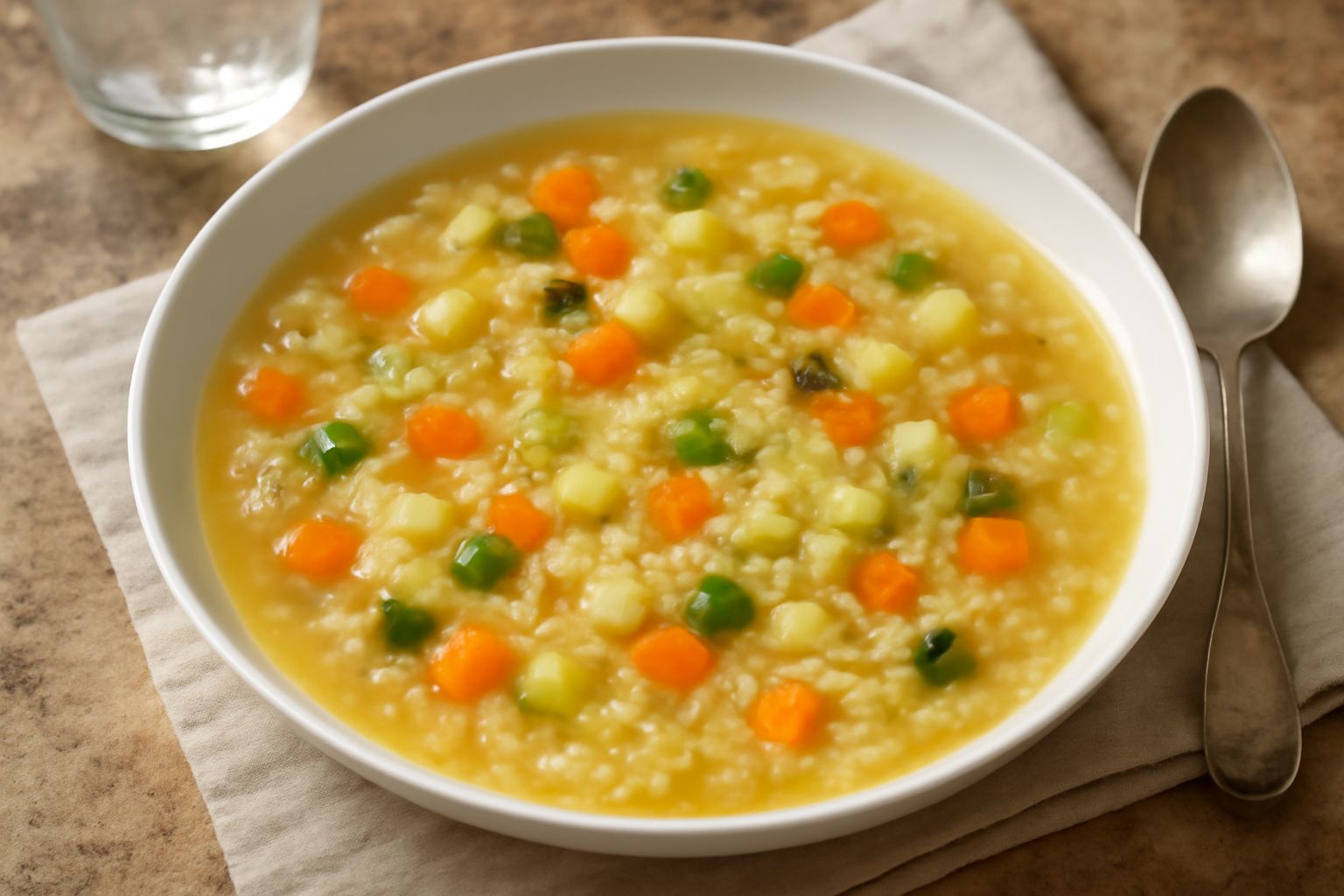 Ciotola di ceramica bianca contenente riso in brodo con dadini di carota arancione, sedano verde, zucchina pallida e prezzemolo fresco in superficie, brodo trasparente ambrato