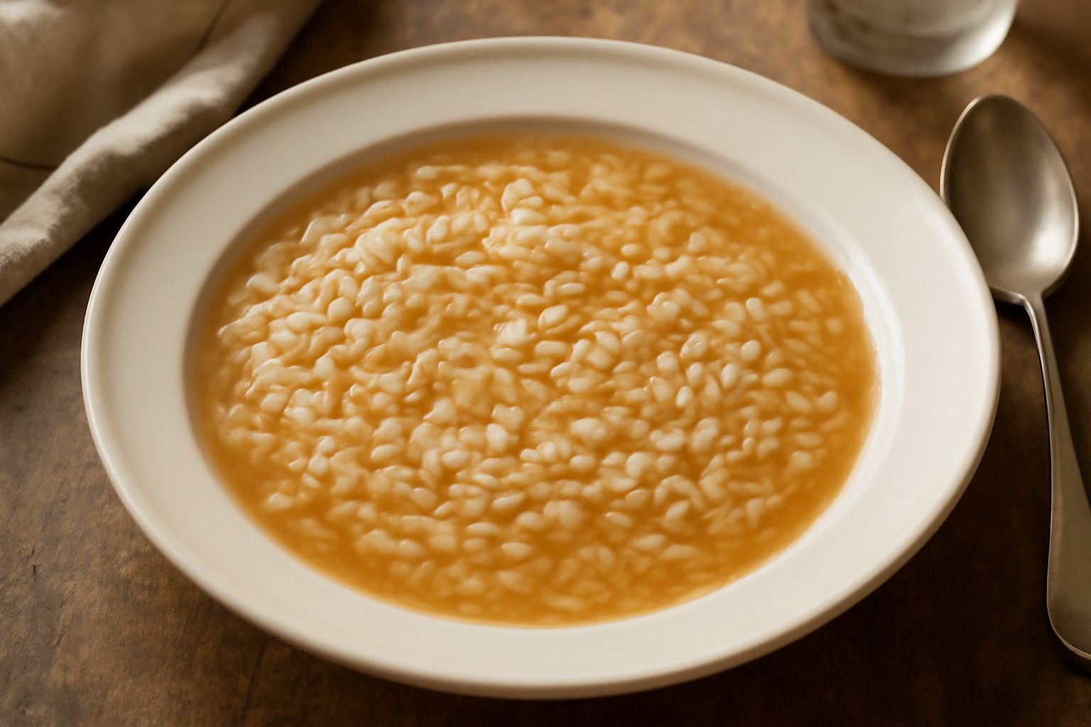 Ciotola in ceramica bianca con riso in brodo trasparente leggermente dorato, chicchi di riso ben distinti e visibili, pochi steli di prezzemolo verde fresco, colino sullo sfondo con residui di ossi