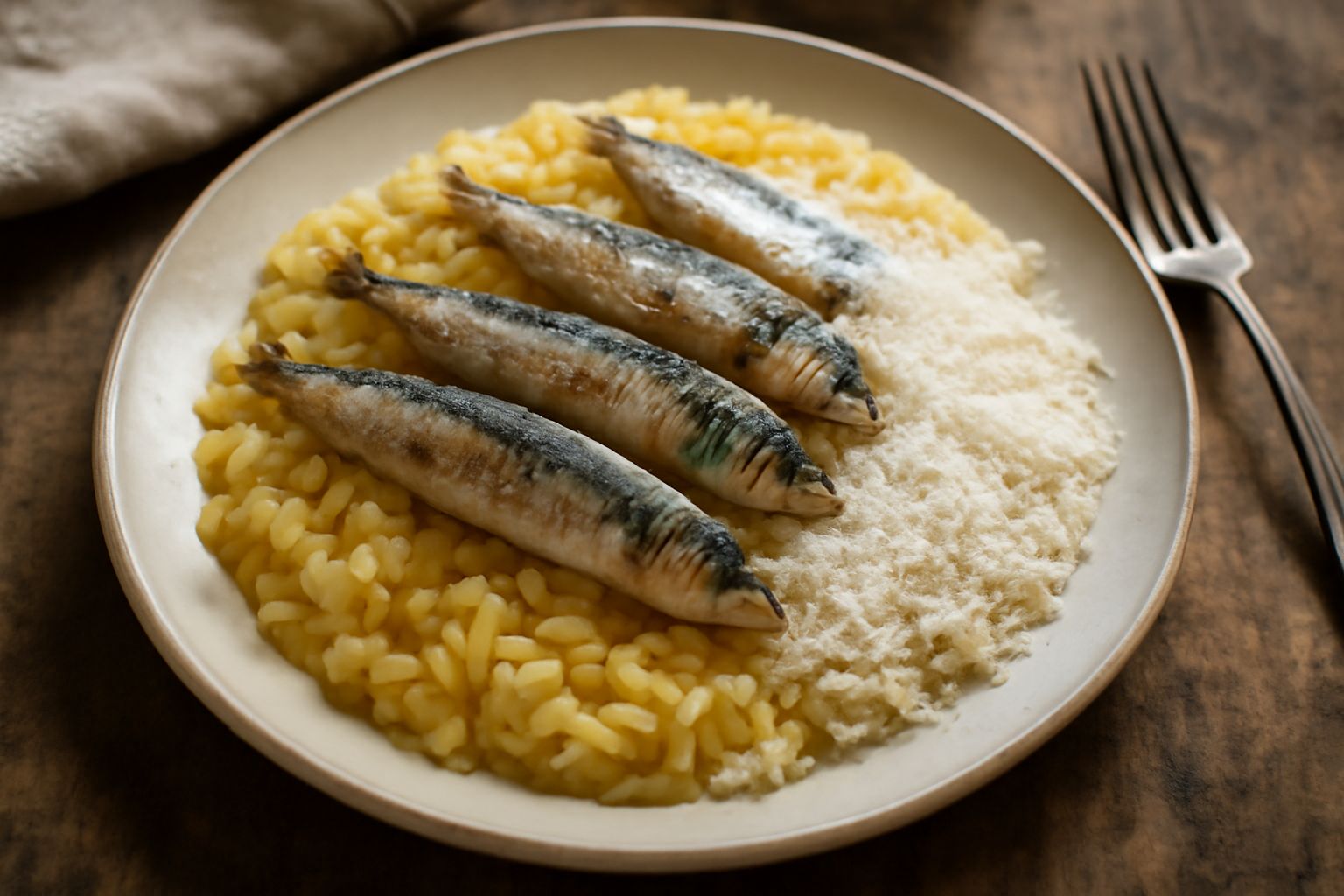 Piatto bianco con riso giallo mantecato, sarde intere dorate disposte sopra, leggera spolverata di pecorino grattugiato, zafferano visibile nei chicchi di riso, servito con limone