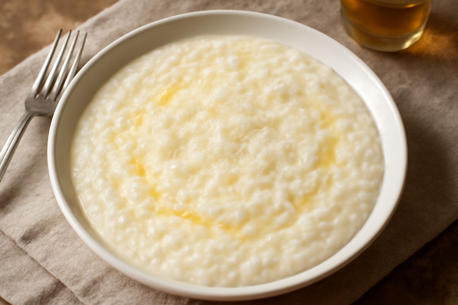 Piatto fondo con riso mantecato bianco cremoso, burro sciolto visibile sulla superficie, grattugiata di formaggio Parmigiano-Reggiano gialla, servito con cucchiaio in acciaio su tavolo bianco