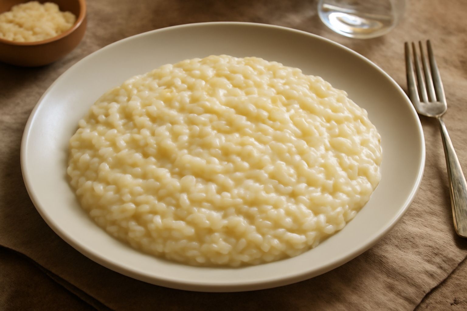 Piatto di riso mantecato bianco e cremoso, con riflessi dorati dal burro, servito in un piatto fondo bianco con un cucchiaio in argento, guarnito con un filo d'olio d'oliva