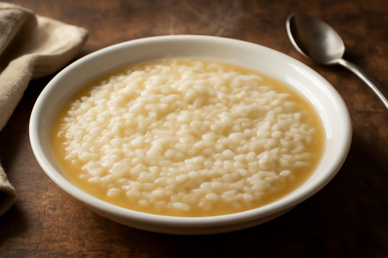 Ciotola bianca di ceramica con riso nel brodo fumante, grani bianchi semi-trasparenti immersi in brodo dorato, servito con un cucchiaio di acciaio e fette di pane integrale a lato