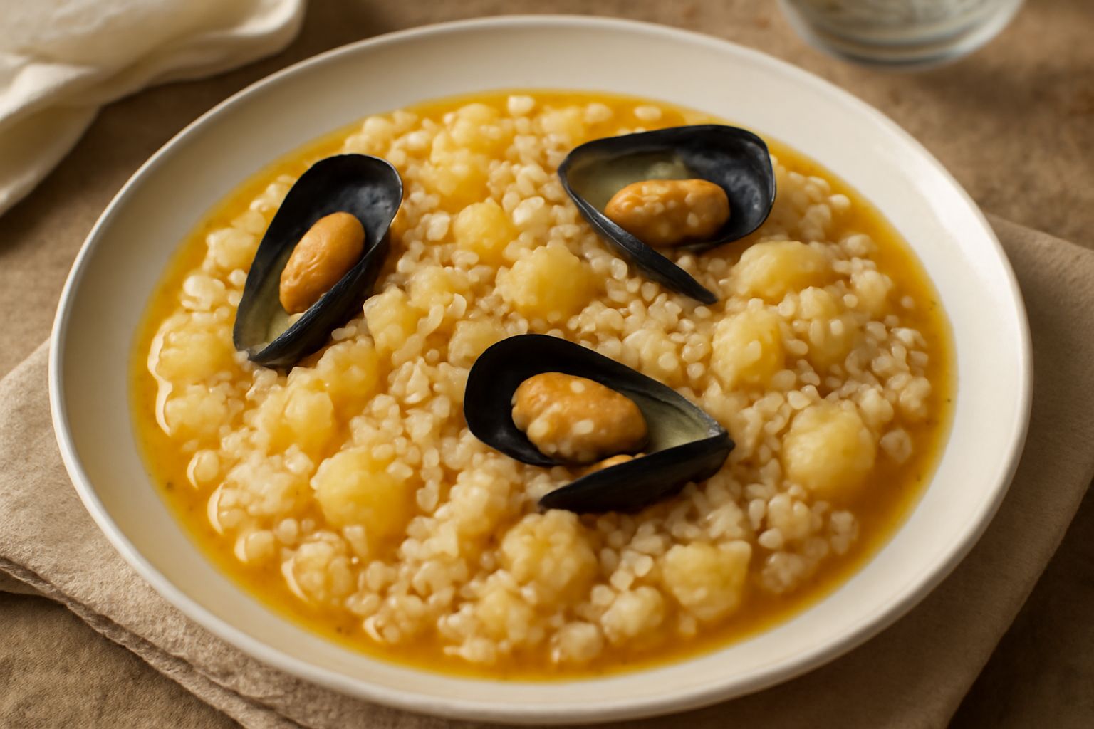 Piatto fondo di ceramica bianca riempito di riso cremoso, cubetti di patata morbida, cozze nere intere con guscio aperto, brodo chiaro color dorato, prezzemolo fresco tritato sparso in superficie, vap