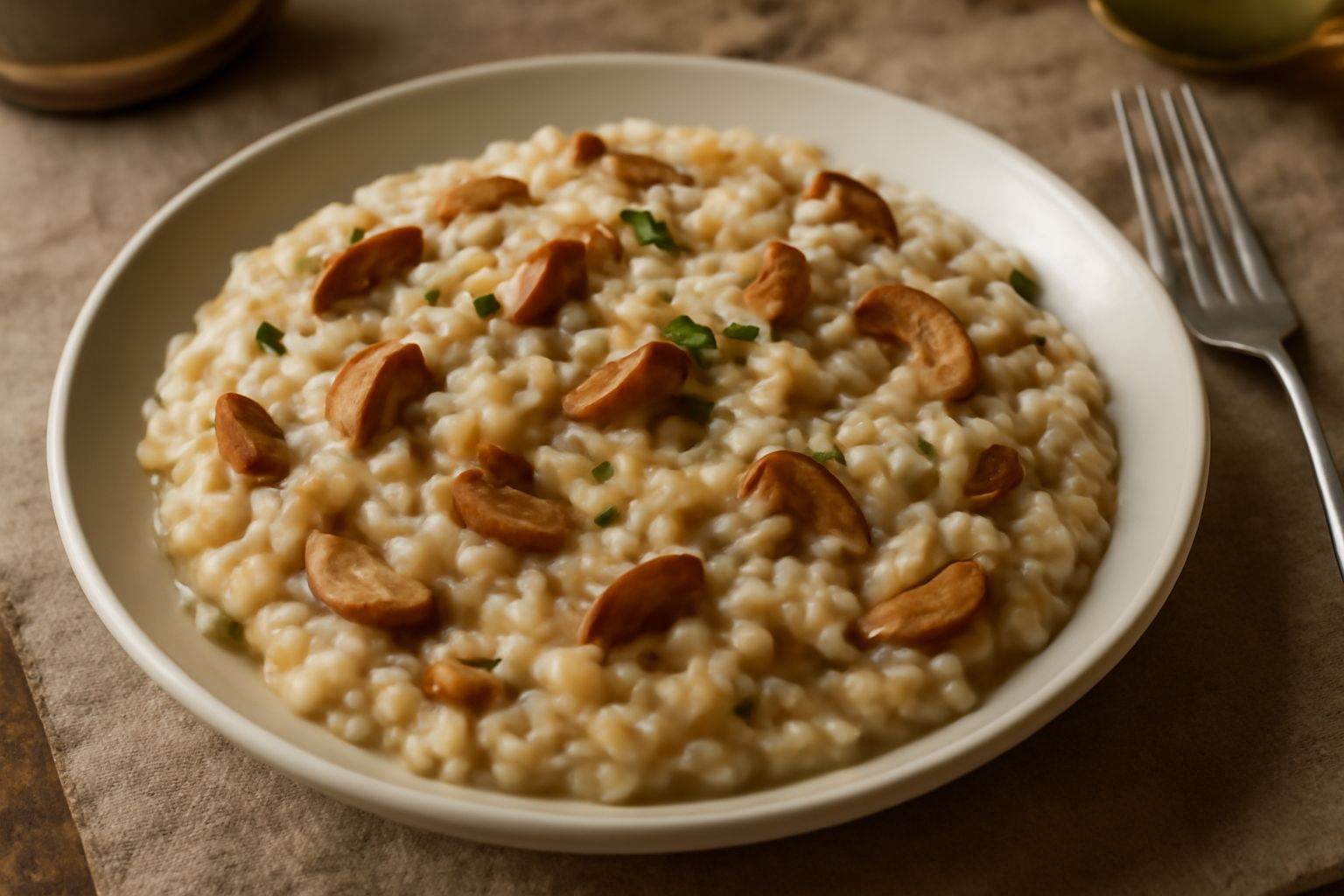 Piatto bianco con risotto cremoso ai funghi, color avorio con macchie scure dei funghi trifolati, guarnito con basilico fresco e grattugia di parmigiano, con un cucchiaio di legno a lato