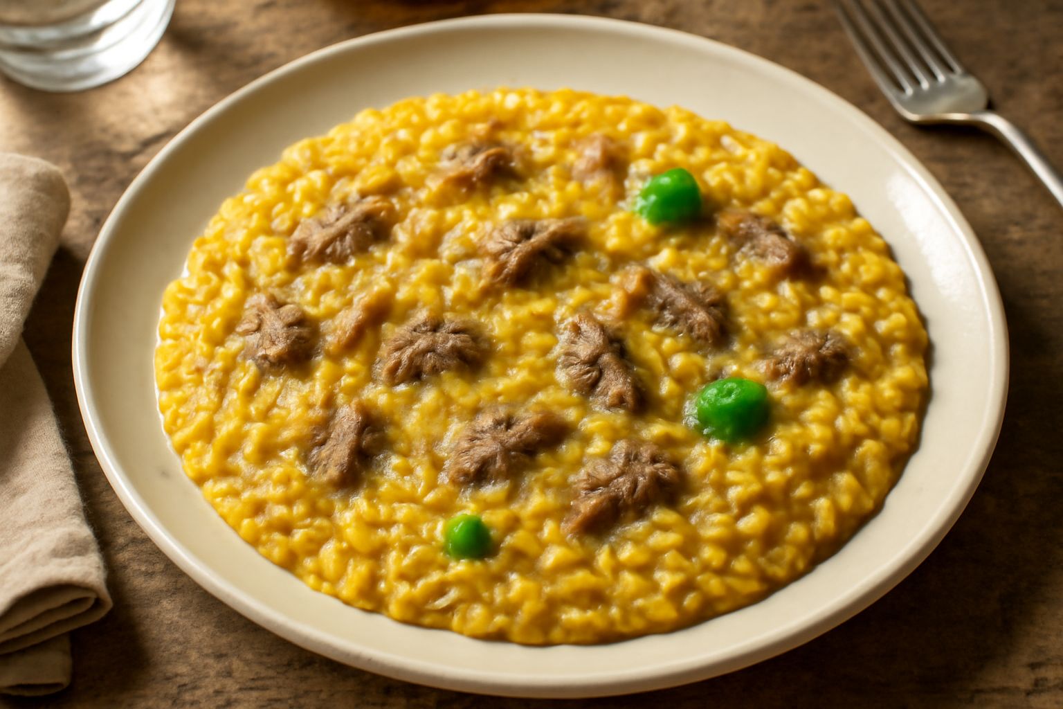 Risotto d'oca cremoso in piatto bianco fondo, riso dai toni dorati con strappi di carne d'oca grigia, caldo al vapore, guarnito con parmigiano grattugiato bianco e prezzemolo verde fresco