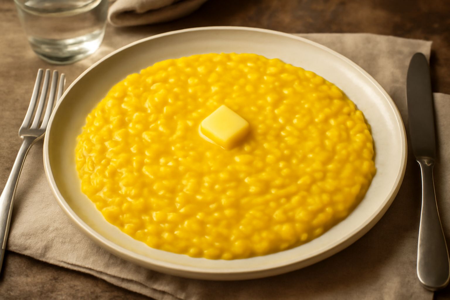 Risotto giallo brillante in un piatto bianco fondo, riso brillante color oro con granuli visibili, burro che si scioglie al centro, grattugia di parmigiano sulla superficie, cucchiaio di legno in posa