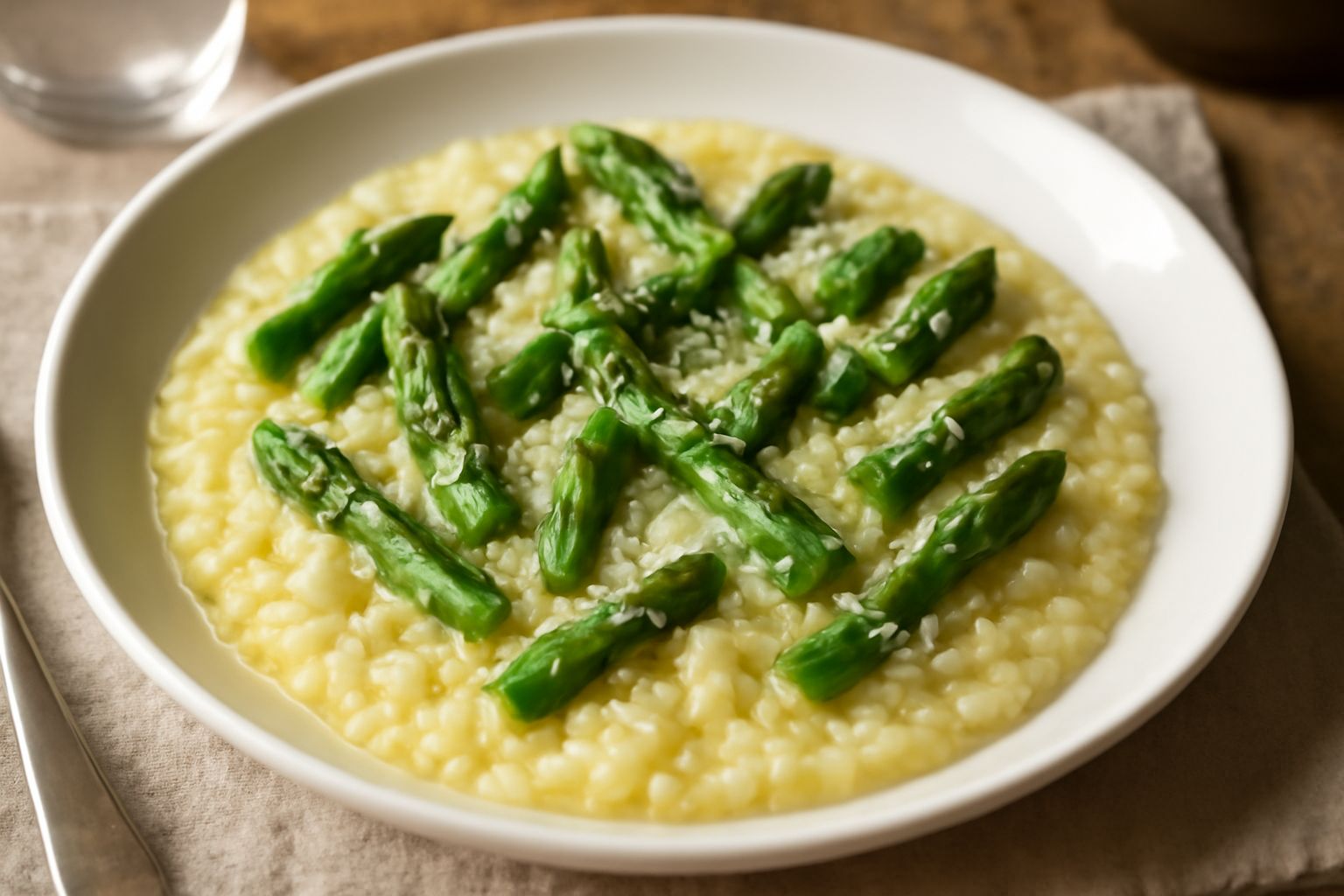 Un piatto fondo di porcellana bianca con risotto cremoso color avorio, con punte di asparagi verde intenso distribuite uniformemente sulla superficie, parmigiano grattugiato in fiocchi bianchi, un fil