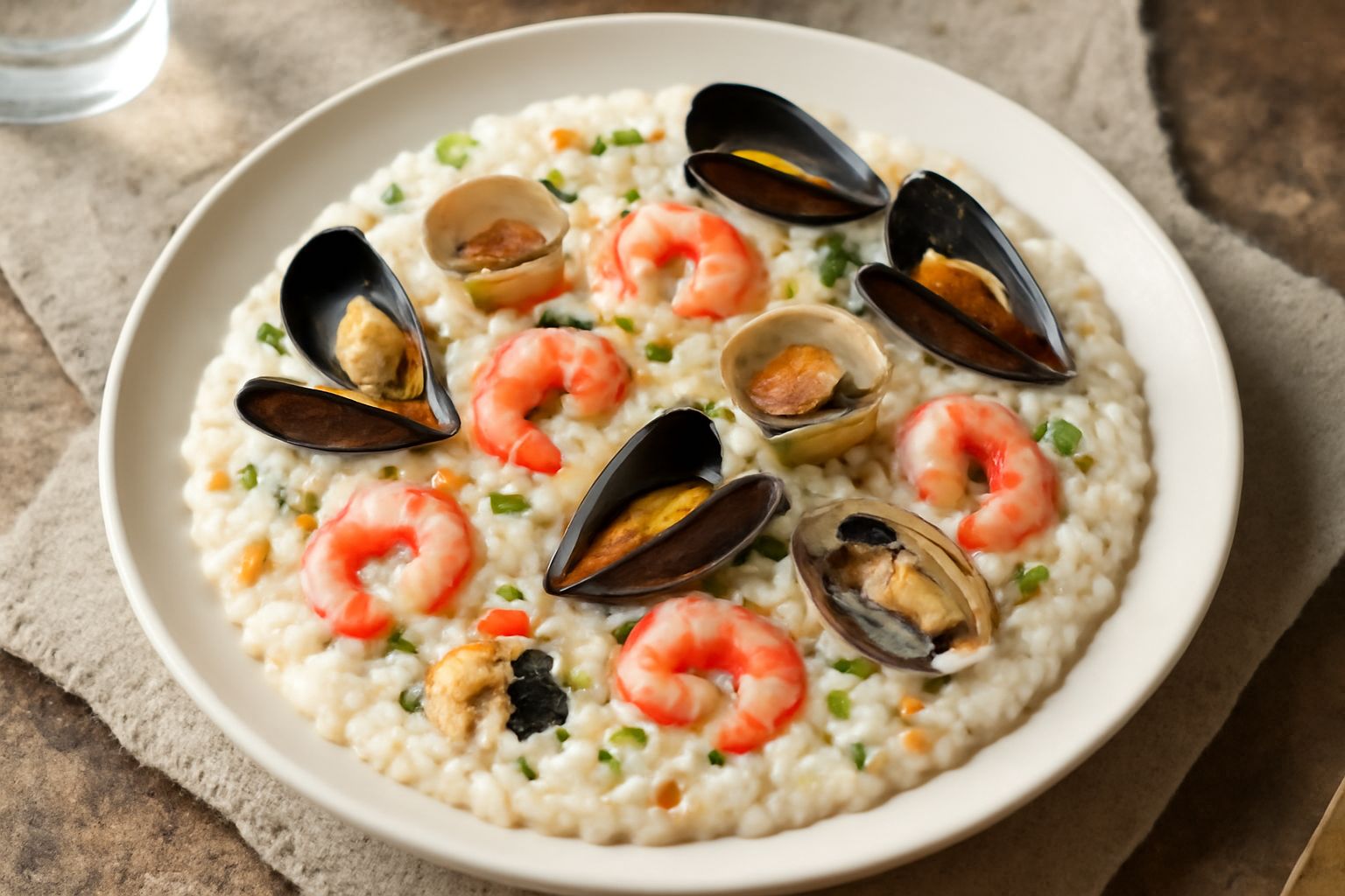 Risotto cremoso bianco e avorio in piatto fondo, decorato con vongole aperte, cozze nere, gamberetti rosa e prezzemolo fresco. Al centro il cucchiaio di legno immerso nel riso.