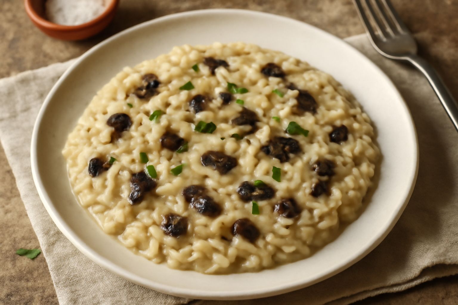 Piatto bianco con risotto cremoso di colore avorio e beige, con frammenti di funghi marrone e neri distribuiti in superficie, guarnito con una foglia di prezzemolo verde, cucchiaio d'argento a lato