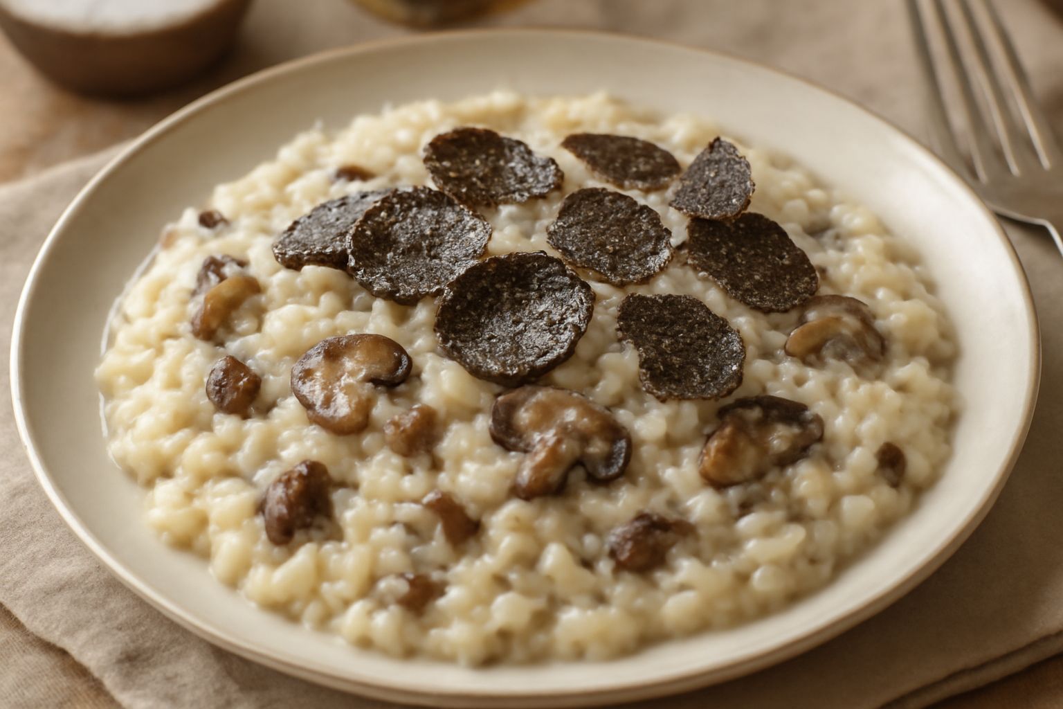 Risotto cremoso bianco avorio con funghi grigi e marroni sparsi in superficie, lamelle di tartufo nero lucide posate al centro, parmigiano grattugiato, dentro un piatto fondo bianco, con cucchiaio di 