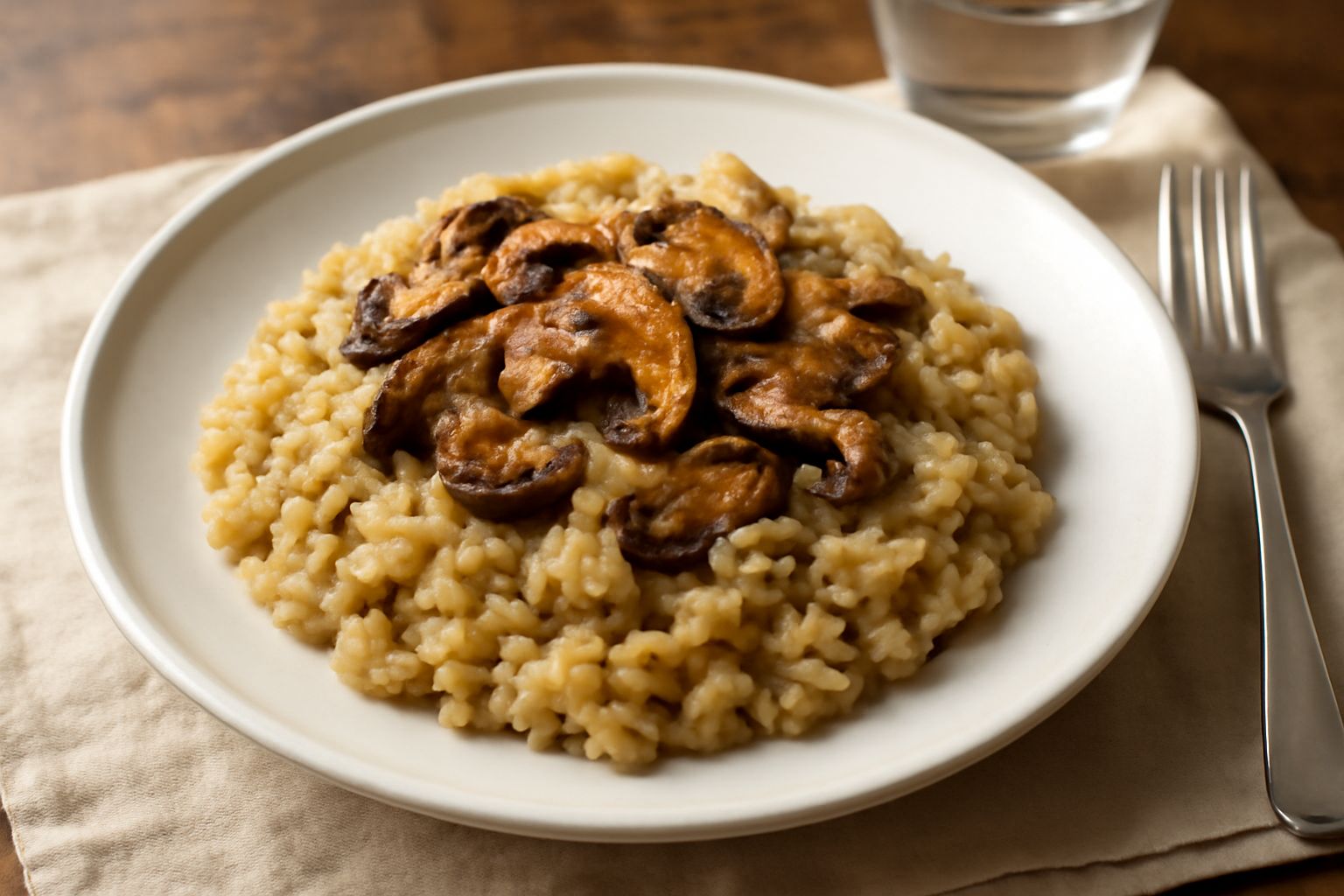 Piatto di risotto cremoso con funghi porcini interi e fettine, guarnito con parmigiano grattugiato e prezzemolo fresco, su fondo scuro di legno