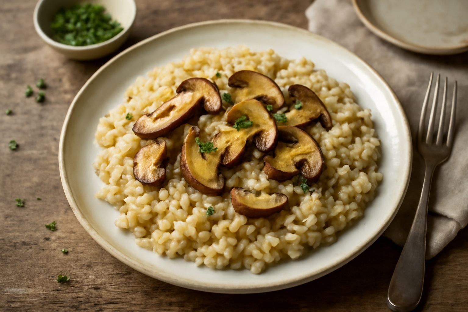 Risotto cremoso ai funghi porcini in piatto bianco, con fettine di porcini freschi visibili sulla superficie, bordo di parmigiano grattugiato e prezzemolo verde