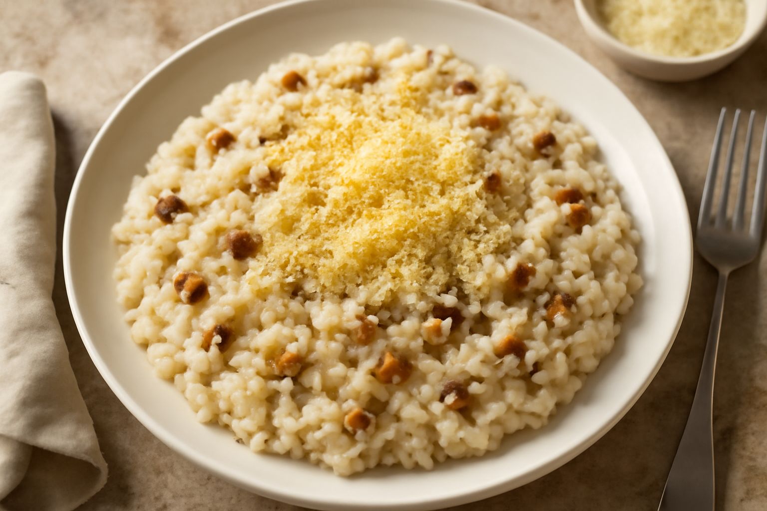 Risotto ai funghi porcini secchi in piatto bianco fondo: riso cremoso color beige panna con scaglie di funghi marroni sparse in superficie, grattugia di parmigiano dorato, rametto di prezzemolo fresco