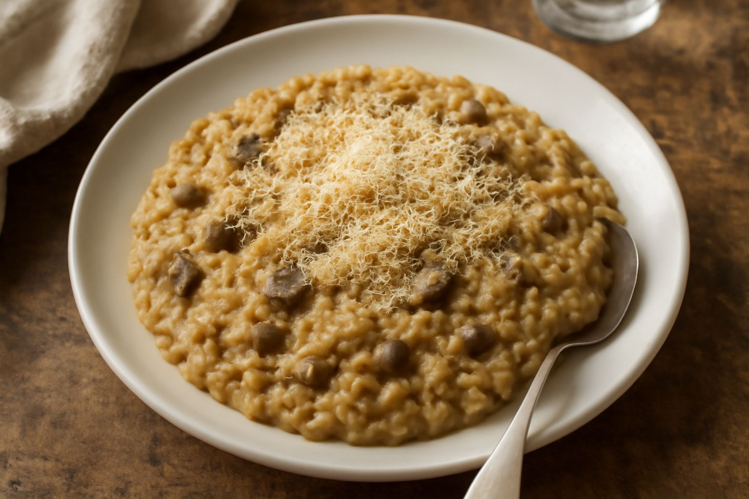 Risotto ai funghi secchi in piatto bianco, colore beige-dorato con pezzetti di fungo scuro sparsi in superficie, grana di riso ben distinta, condito con formaggio grattugiato e prezzemolo fresco