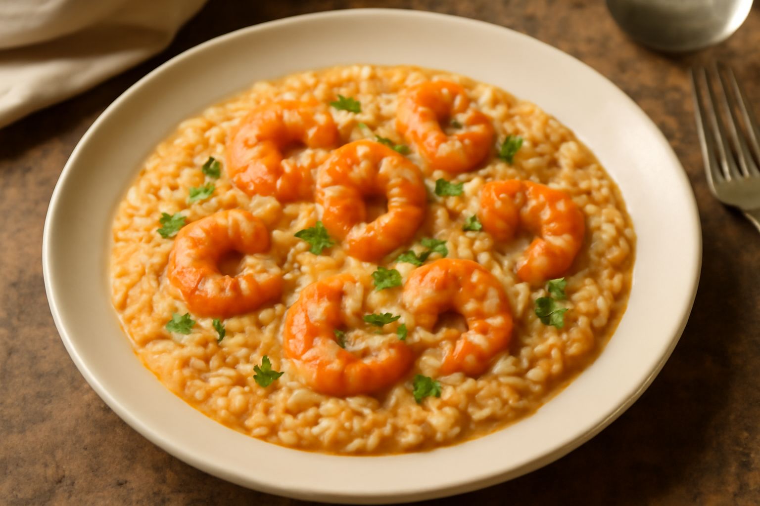 Piatto di risotto ai gamberi servito in ciotola bianca, riso color crema con gamberi rosa distribuiti sulla superficie, guarnito con prezzemolo verde e scaglie di parmigiano