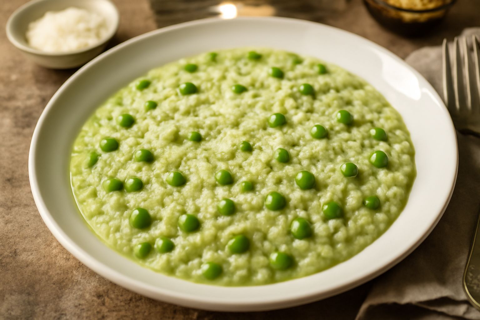 Risotto ai piselli servito in piatto fondo bianco, colore verde chiaro omogeneo, cremoso, con piselli visibili, grana di parmigiano grattugiato in superficie, cucchiaio di legno sul piatto