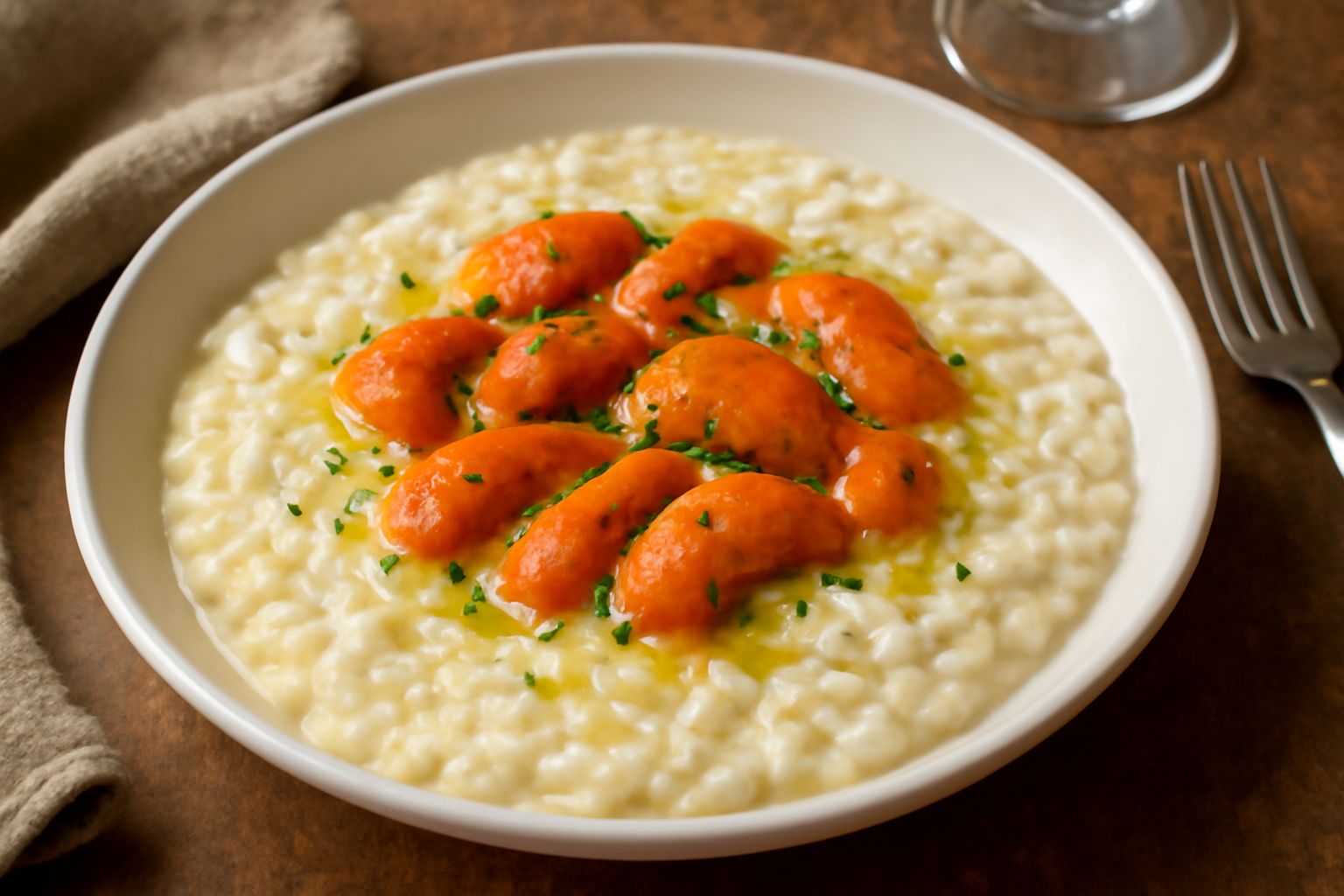 Piatto bianco con risotto cremoso di colore bianco avorio, guarnito con uova di riccio di mare di colore arancione intenso, filo di olio extravergine lucido in superficie, sfondo neutro