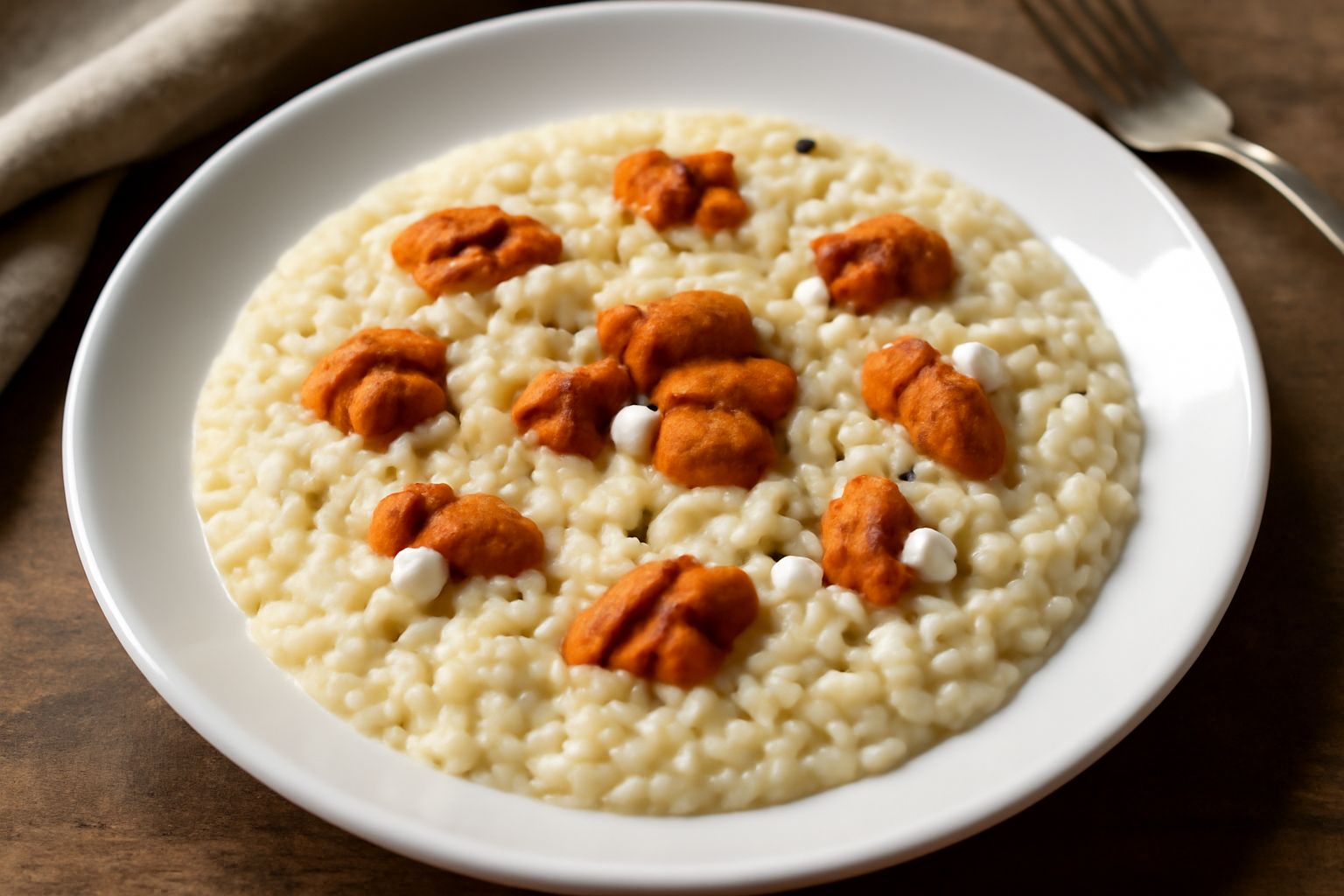 Risotto cremoso color avorio con ricci di mare interi e frammenti di guscio sulla superficie, guarnito con prezzemolo fresco e una macinata di pepe nero, servito in piatto fondo bianco
