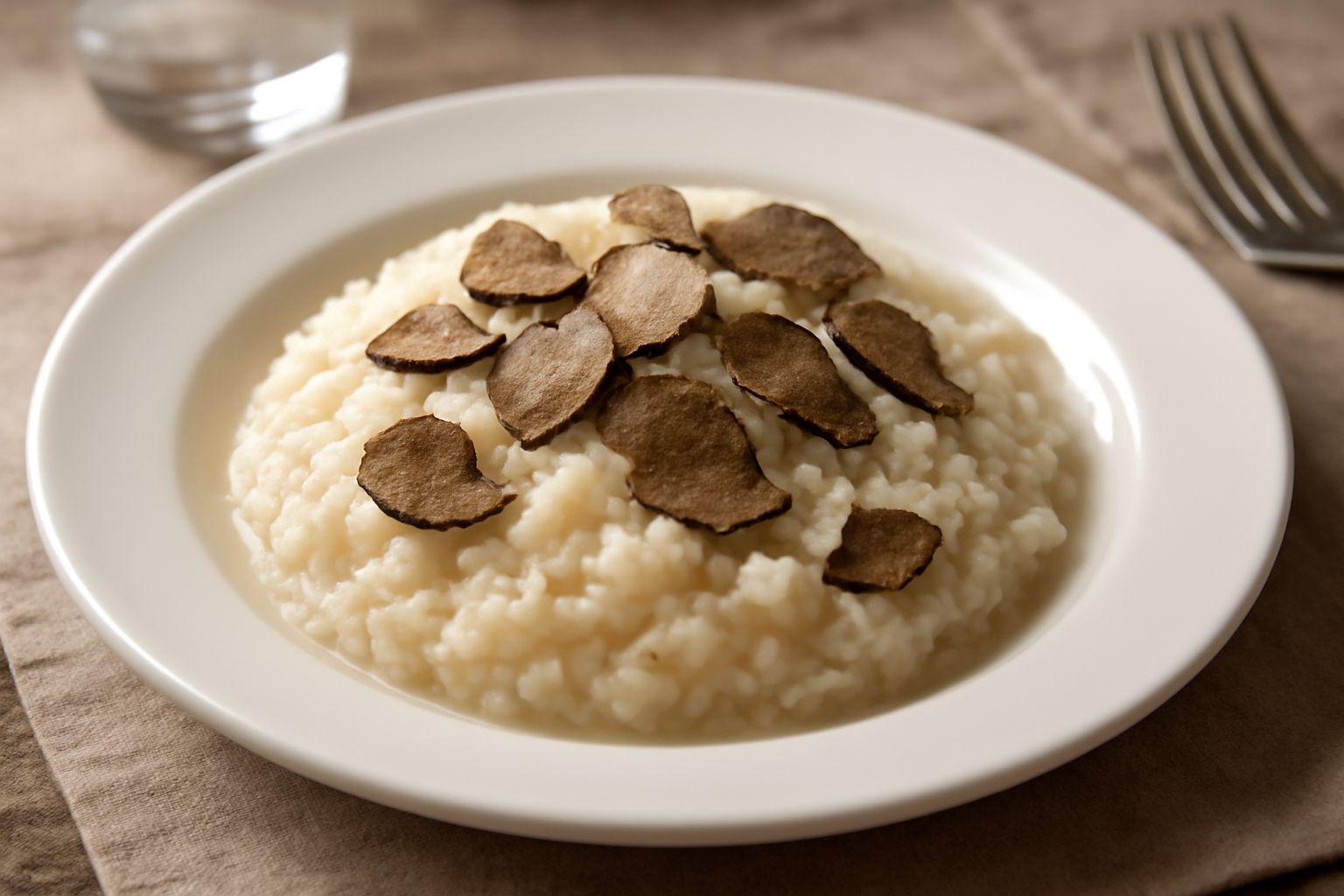 Risotto ai tartufi servito in piatto bianco fondo, riso color avorio leggermente brillante, fettine sottili di tartufo nero disperse sulla superficie e melone di burro al centro, bordo del piatto puli