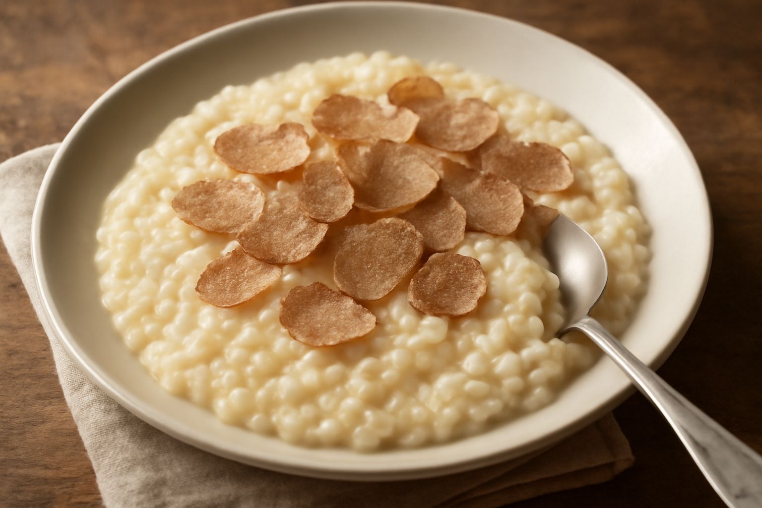 Risotto cremoso color avorio in piatto bianco fondo, guarnito con lamelle sottilissime di tartufo bianco, gocce di burro lucido in superficie, cucchiaio in acciaio appoggiato sul bordo