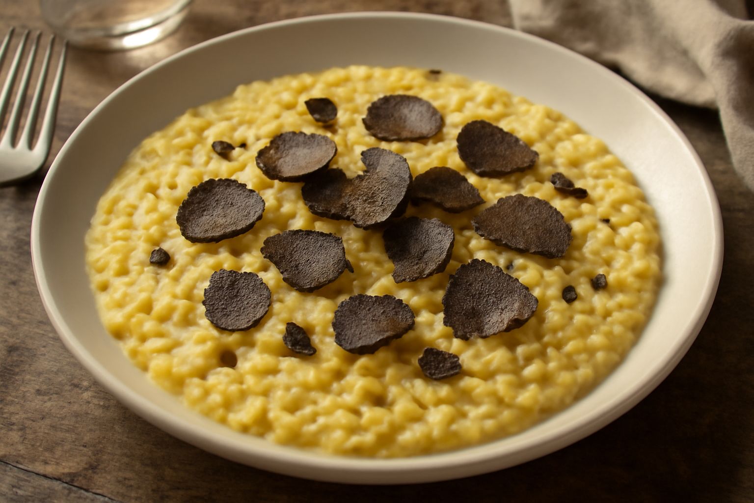 Un piatto fondo bianco con risotto cremoso giallo-beige, con scaglie sottili di tartufo nero sparse in superficie, guarnito con parmigiano grattugiato e prezzemolo fresco, burro lucido visibile nel ri