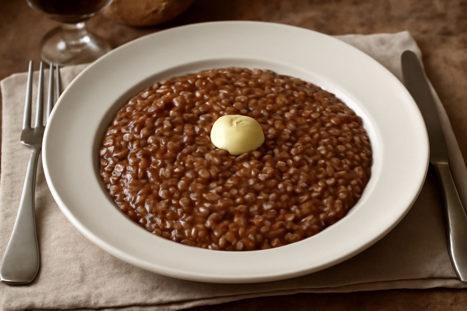Piatto di risotto al Barbera di colore marrone scuro, con grana visibile di riso cremoso e brillante, servito in piatto fondo bianco con una quenelle di burro sopra e prezzemolo fresco tritato