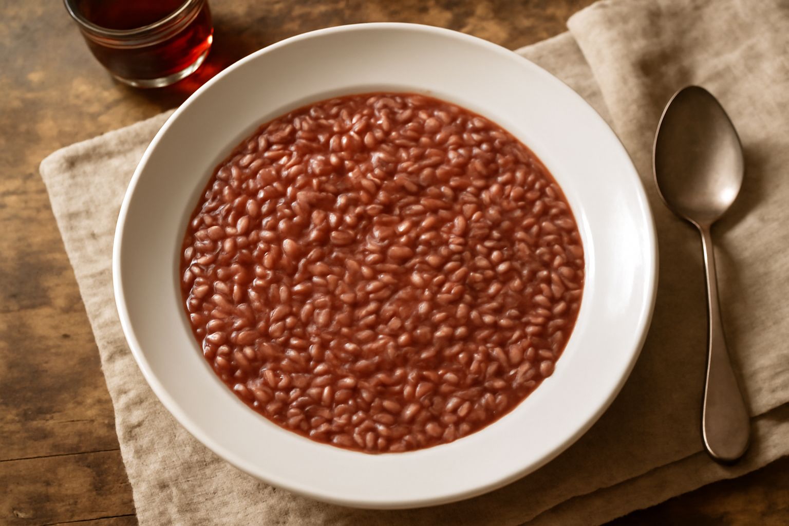 Risotto al Barolo servito in piatto fondo bianco, cremoso e dal colore rosso bruno, guarnito con scaglie di Parmigiano Reggiano e prezzemolo fresco, con una forchetta argentata poggiata al bordo