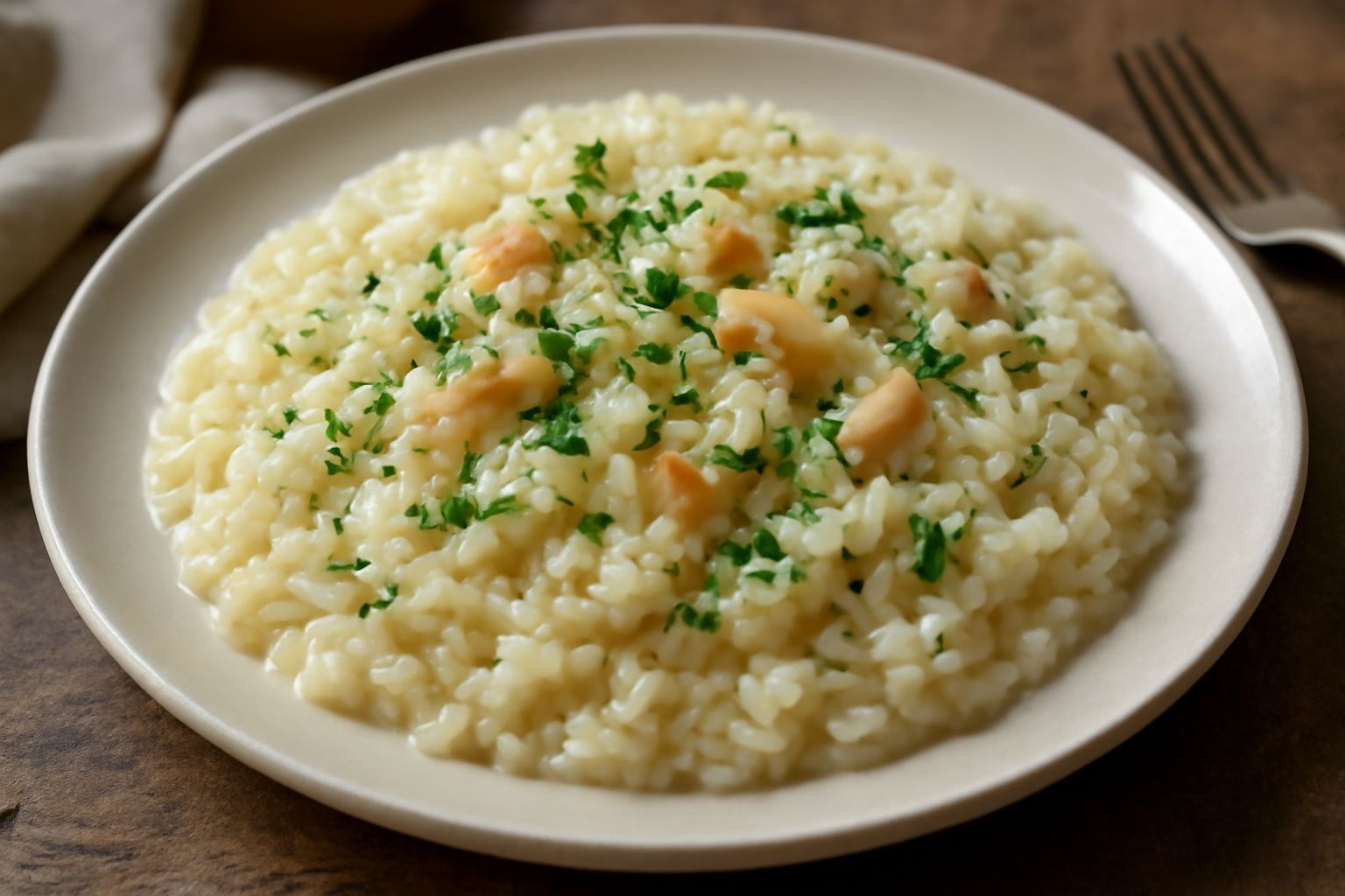 Piatto fondo bianco con risotto al branzino di colore avorio, smerluzzato di verde da prezzemolo fresco, con brandelli di branzino visibili nel riso, contorno di brodo perlato a bordo piatto
