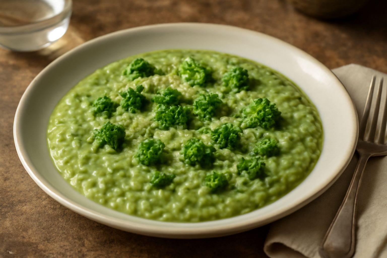 Piatto di risotto cremoso di colore verde salvia con fiorellini di broccolo fiolaro distribuiti in superficie, condito con parmigiano grattugiato e gocce di olio, servito in ciotola bianca