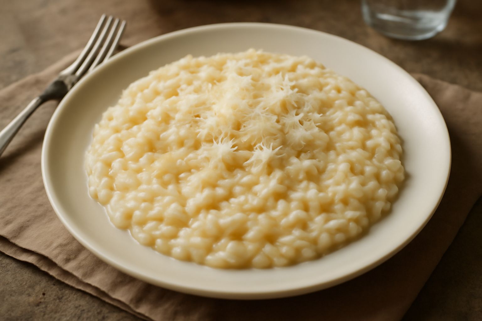Risotto cremoso di colore bianco avorio con sfumature gialle, servito in piatto fondo bianco, guarnito con scaglie di formaggio Casera grattugiato e un filo di burro che fonde in superficie