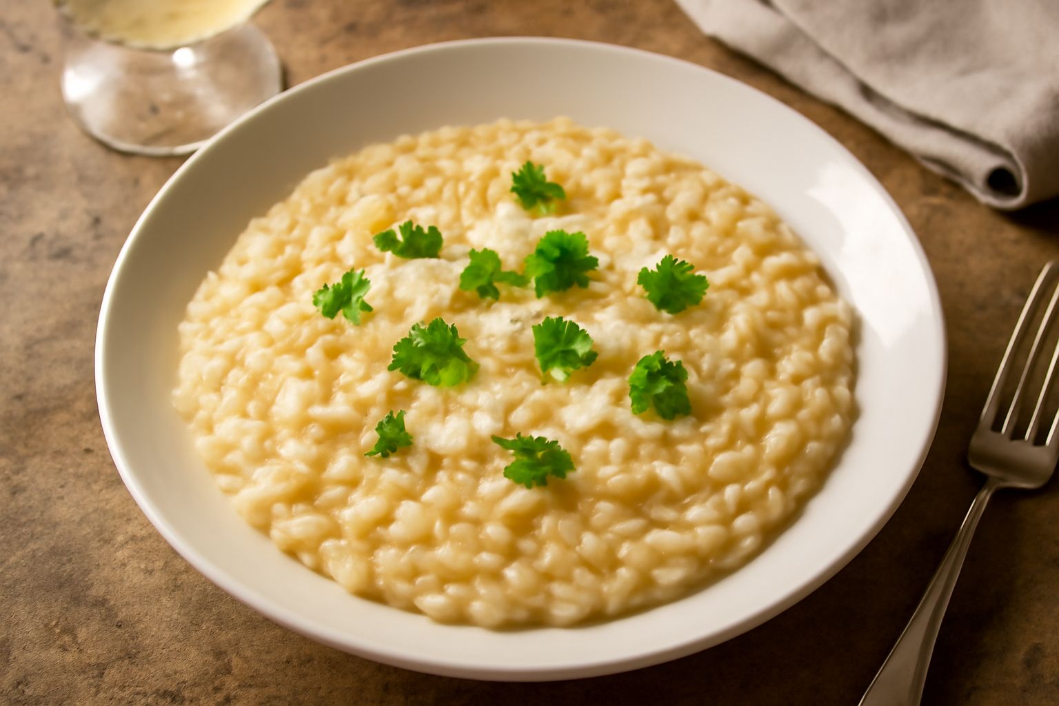 Risotto al Franciacorta servito in piatto bianco fondo, color avorio con riflessi dorati, cremoso e brillante, guarnito con scaglie di parmigiano e un rametto di prezzemolo fresco, accompagnato da un 