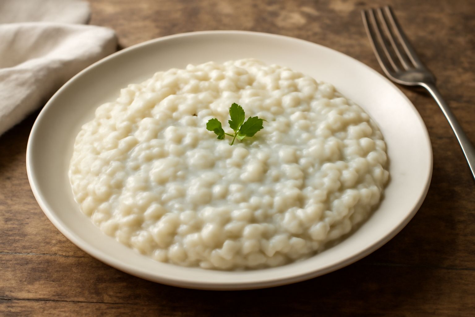 Risotto al Gorgonzola in ciotola bianca, cremoso e beige sfumato di blu marmorizzato, mantecato con burro, una cucchiaiata di Gorgonzola tritato in superficie, pepe nero macinato fresco, fondo bianco 