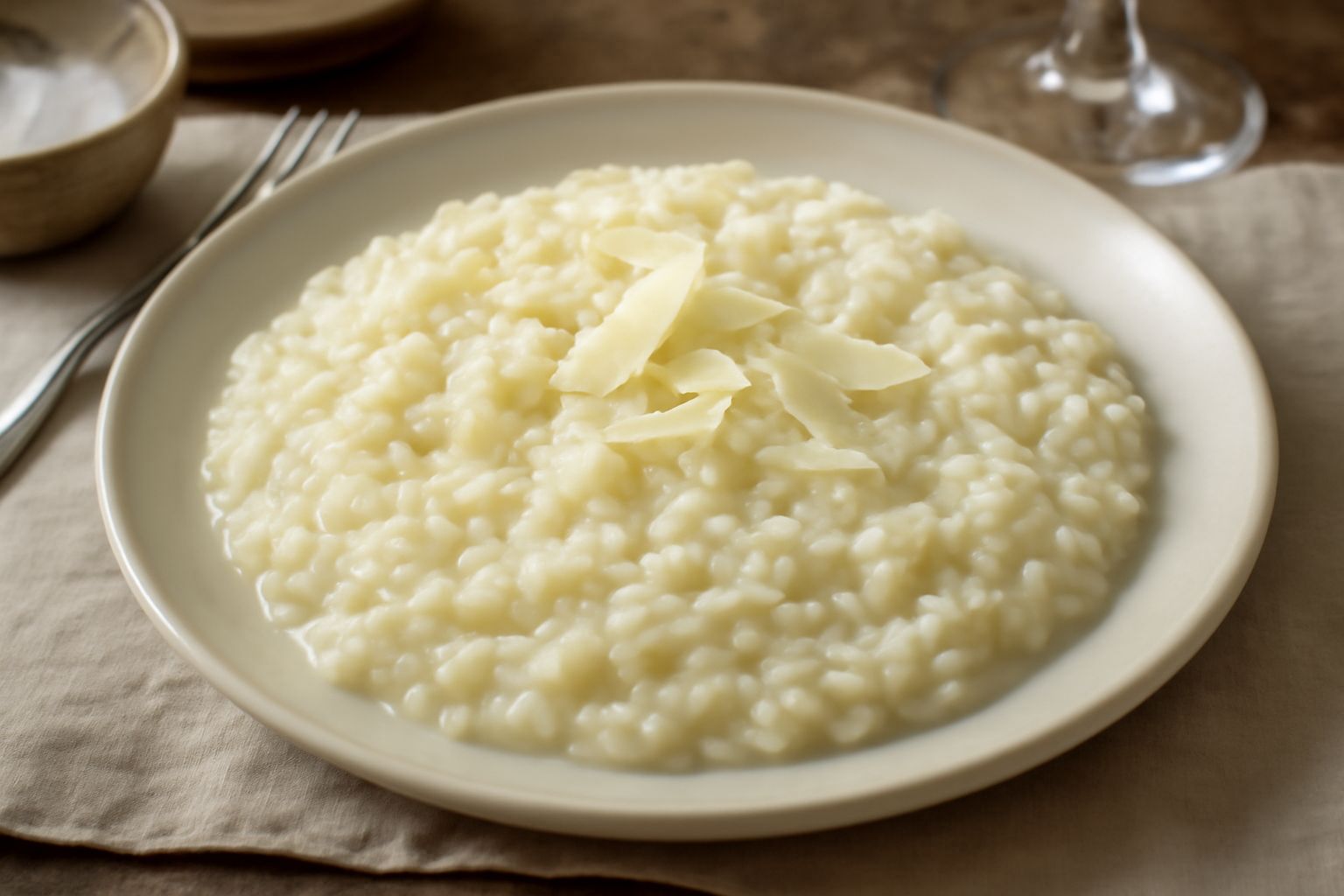 Risotto cremoso di colore bianco avorio in un piatto fondo bianco, con scaglie di Grana Padano e un filo di burro, riso cotto al dente visibile in superficie